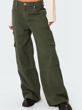 Edikted Ember Green Wide Leg Cargo Pants Women Button Zip Cotton Twill Pockets